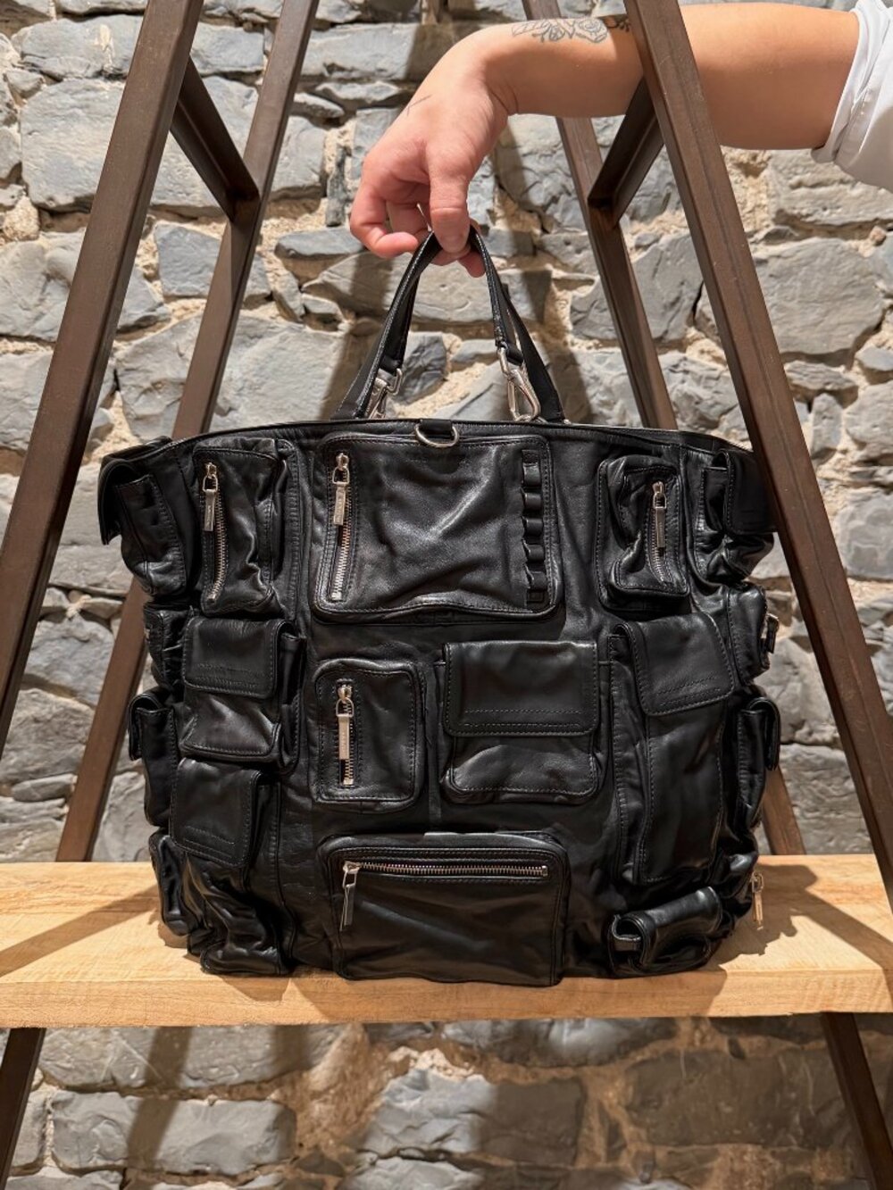 Jil Sander SS03 Black Leather Cargo Multi Pockets Tote Bag